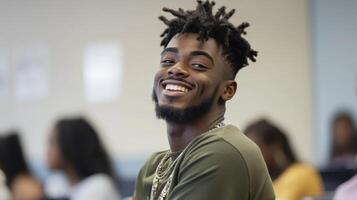 Happy Young Man Smiling in a Classroom Setting photo