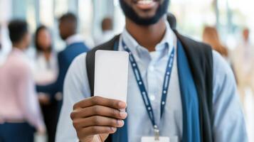 Man at Conference Holding Blank Identification Card photo