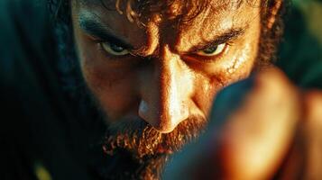 A Sweaty Bearded Mans Intense Gaze photo