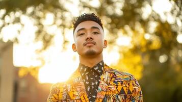 Young Man Posing Outdoors in a Colorful Jacket photo