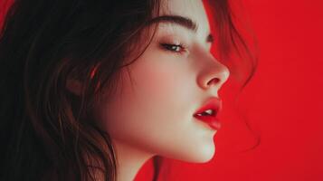 A womans profile against a red background photo