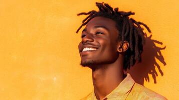 Happy young man with dreadlocks smiling brightly against an orange wall photo