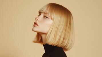 Blonde Woman Profile Shot Stylish Bob Haircut photo