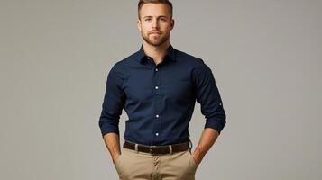 A Man Posing In A Navy Shirt And Khaki Pants photo