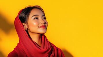 Woman in Red Headscarf Gazes Upwards Against Yellow Background photo