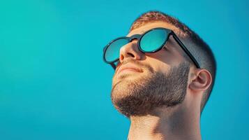 Man wearing sunglasses looks towards the sun photo