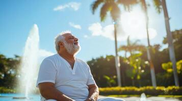 Senior Man Relaxing Outdoors Near Fountain and Palms photo