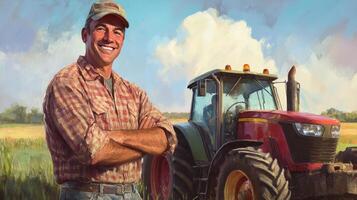 Farmer Standing Proudly Beside His Tractor In A Field photo
