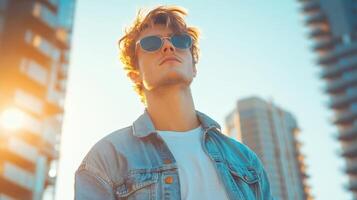 Young Man Wearing Sunglasses Outdoors In City photo