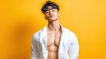 Muscular Asian Man Posing in White Shirt Against Yellow Background photo