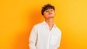 Asian man in white shirt standing against orange background photo