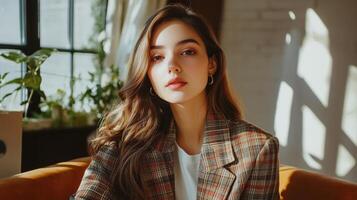 Young Woman Posing in Plaid Blazer Sunlit Room photo