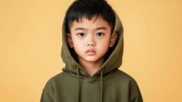 Young Boy Wearing A Green Hoodie Against A Yellow Background photo