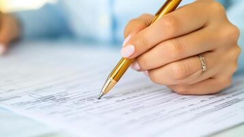 Woman Carefully Fills Out Application Form With Pen photo