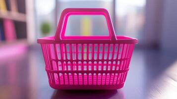 Pink Plastic Shopping Basket Empty On Table photo