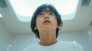 Young Boy Gazing Upwards In A Modern Setting photo