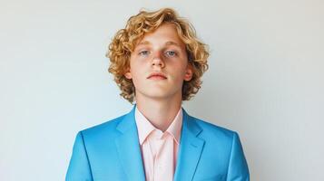 Young Man with Curly Hair Wearing a Blue Suit photo