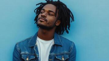 Young Man With Dreadlocks Wearing Denim Jacket photo