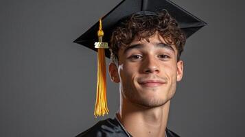Young Man Graduates Wearing Graduation Cap and Gown photo
