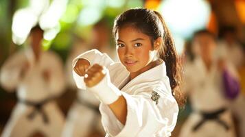 Young Woman Practicing Karate In A Class Setting photo
