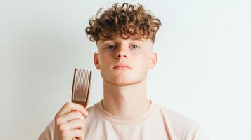 Young Man With Curly Hair Holds a Comb photo