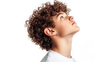 Teen Boy With Curly Brown Hair Looking Upward photo