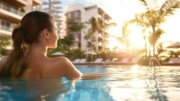 Woman relaxing in a resort pool at sunset photo