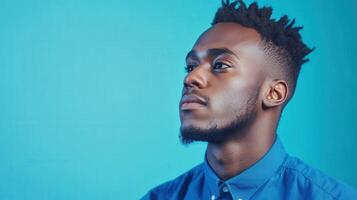 Young Man Contemplative Pose Blue Background photo