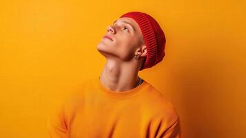 Young Man in Red Beanie Gazes Upward Against Yellow Background photo