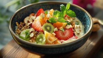 Delicious Fruit Granola Yogurt Bowl With Hazelnuts photo