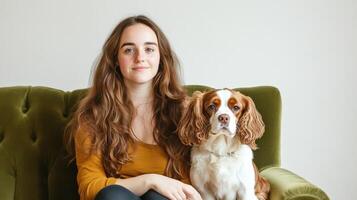 Young Woman and Cavalier King Charles Spaniel on Green Sofa photo
