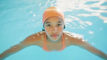 Girl swimming underwater wearing peach swim cap photo
