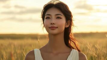 Woman serene in a golden wheat field at sunset photo
