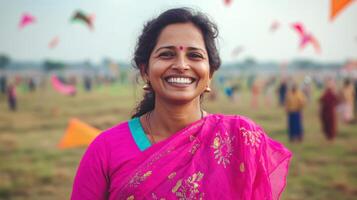 Happy Woman Wearing Pink Sari Smiles At Kite Festival photo