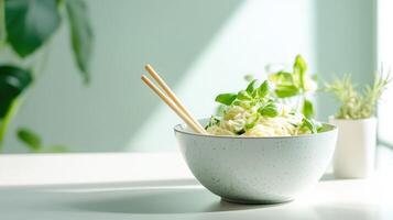 Fresh Noodles Garnish With Basil In Bowl photo