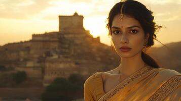 Beautiful Woman In Golden Sari Against Sunset Fortress photo