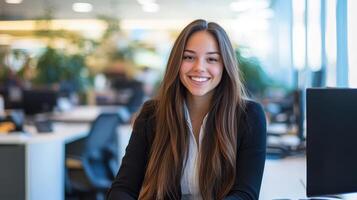 Young Woman Smiling In Modern Office Workplace photo