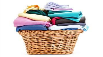 Colorful folded clothes in a wicker laundry basket photo
