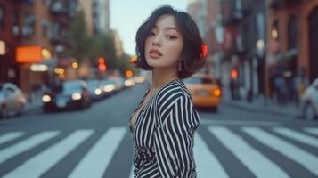 Stylish Woman Posing on City Street Crossing photo