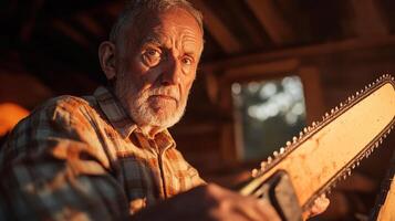 Elderly Man Holds Chainsaw in Rustic Setting photo