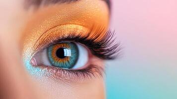 Closeup Of A Sparkling Eye With Golden And Teal Makeup photo