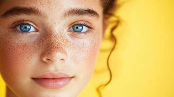 Close up of a girls face with freckles and blue eyes photo