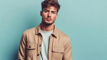 Young Man Wearing a Tan Jacket Against a Blue Background photo