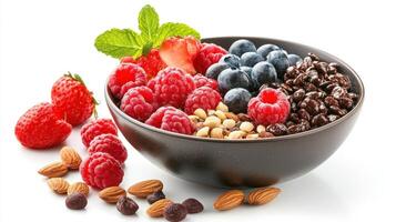 A Bowl Of Delicious Berries Granola And Almonds photo