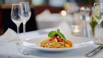 Delicious Pasta Dish Served In Elegant Restaurant Setting photo