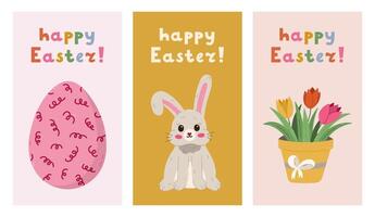 Adorable set of vertical Happy Easter posters with bunny with bent down ear, Easter egg with swirl ornate, tulip. Simple collection of banner, cover, background with colorful clipart and lettering. vector