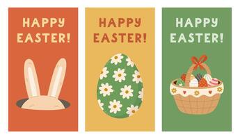 Lovely set of vertical Happy Easter posters in minimalist style with fluffy bunny ears hiding in hole, basket with painted eggs. Trendy collection of banner, cover, background with colorful clipart. vector