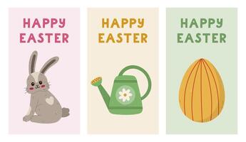 Lovely simple set of vertical Happy Easter posters with bunny with heart on fur, Easter egg with lines, watering can. Simple collection of spring banner, cover, background with colourful clipart. vector