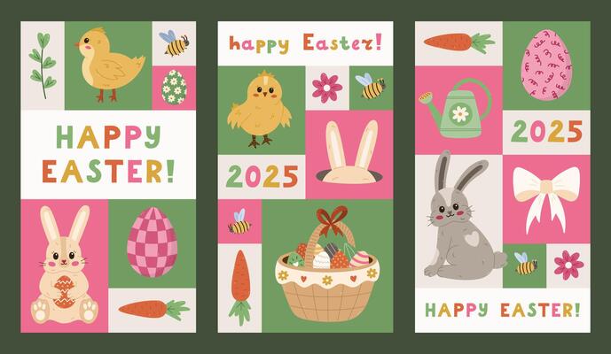 Lovely set of vertical Easter posters in geometric Bauhaus style with illustration. Trendy collection of abstract banners, story covers with funny Easter bunny, ornate colourful egg, baby chicken.