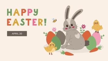 Horizontal minimalistic banner for Happy Easter Day with fluffy bunny in Easter eggs at meadow, chick, honeybee, flowers. Simple holiday illustration for poster, website background, social media. vector